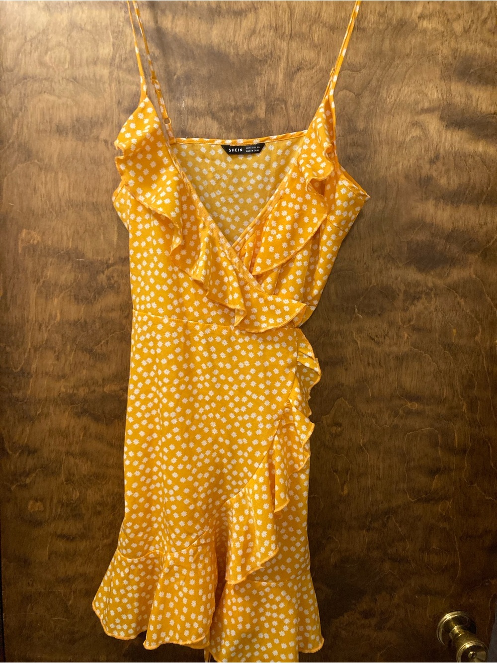 SHEIN Yellow Floral Ruffle Wrap Mini Dress